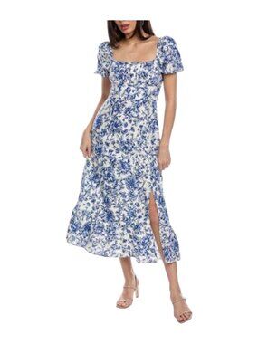 Floral Midi/maxi  Dress ivory & blue Puff Sleeves Slit 16 Cover And Sloane